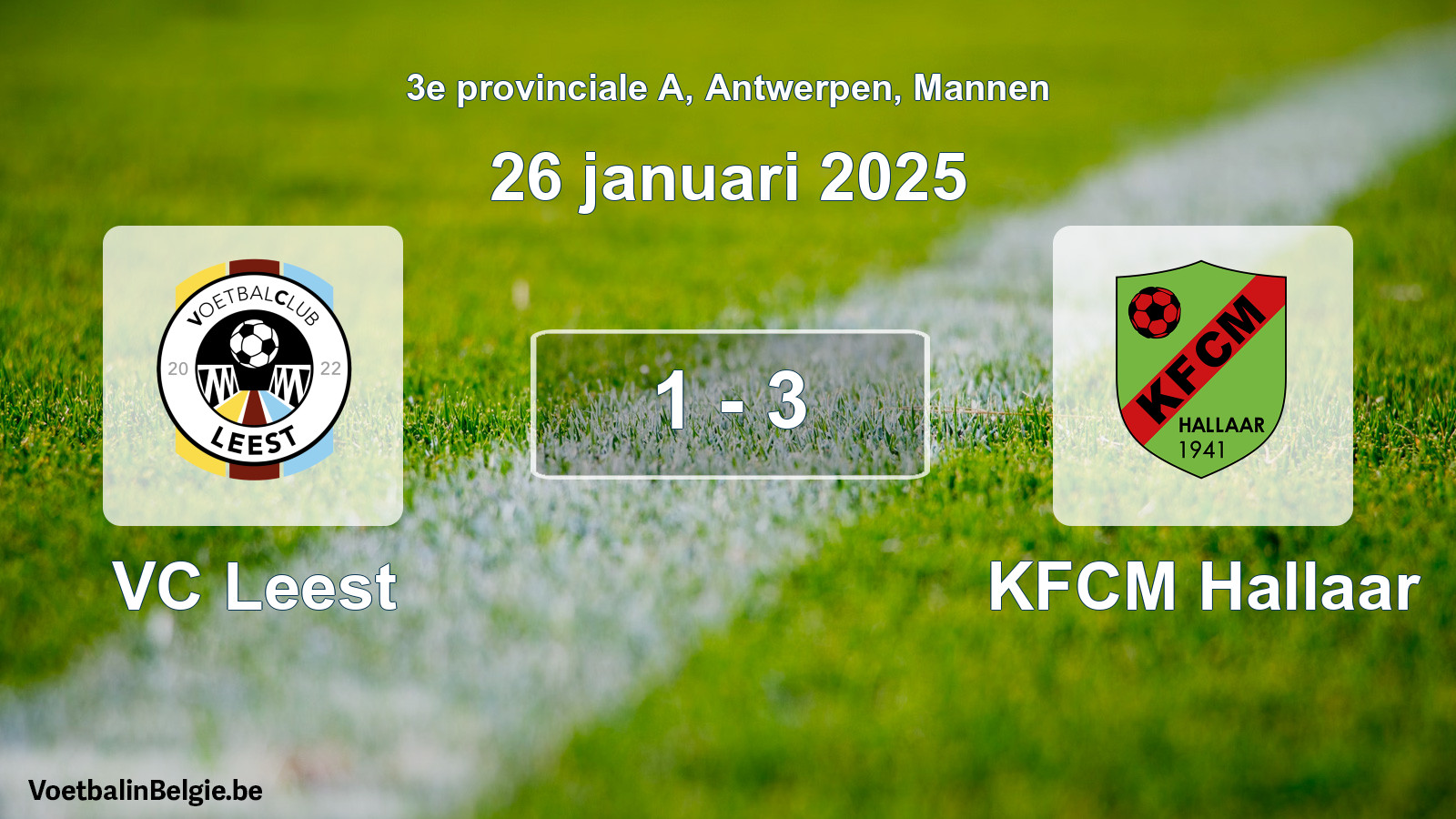 Gespeelde wedstrijd mannenvoetbal: VC Leest - KFCM Hallaar 1 - 3 (26 januari 2025)