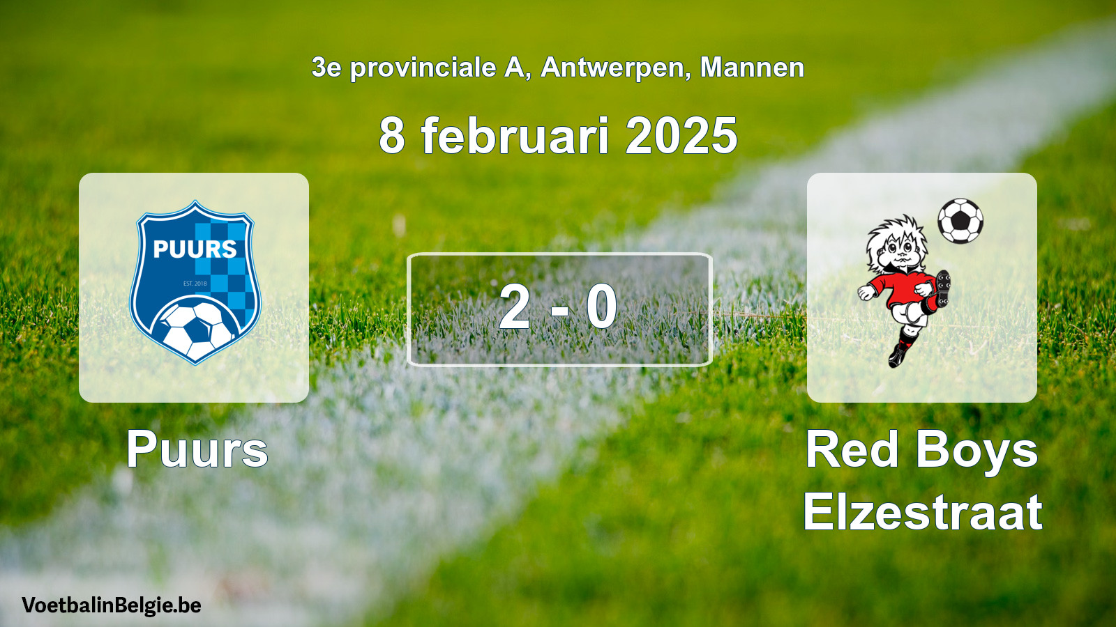 Gespeelde wedstrijd mannenvoetbal: Puurs - Red Boys Elzestraat 2 - 0 (8 februari 2025)