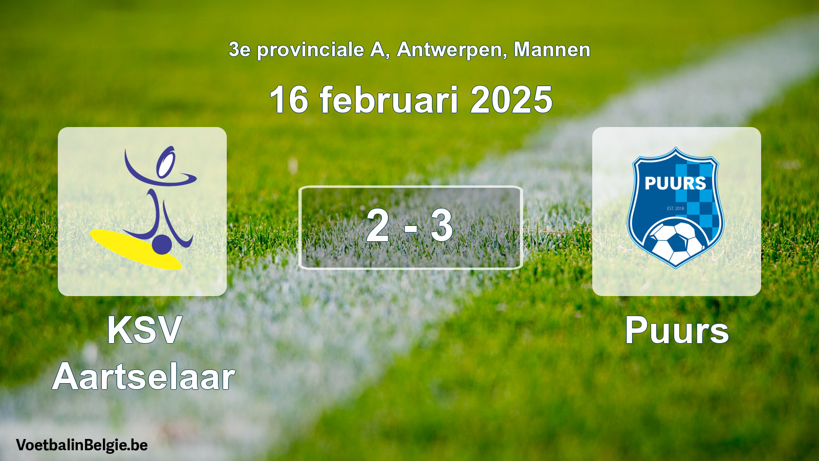 Gespeelde wedstrijd mannenvoetbal: KSV Aartselaar - Puurs 2 - 3 (16 februari 2025)