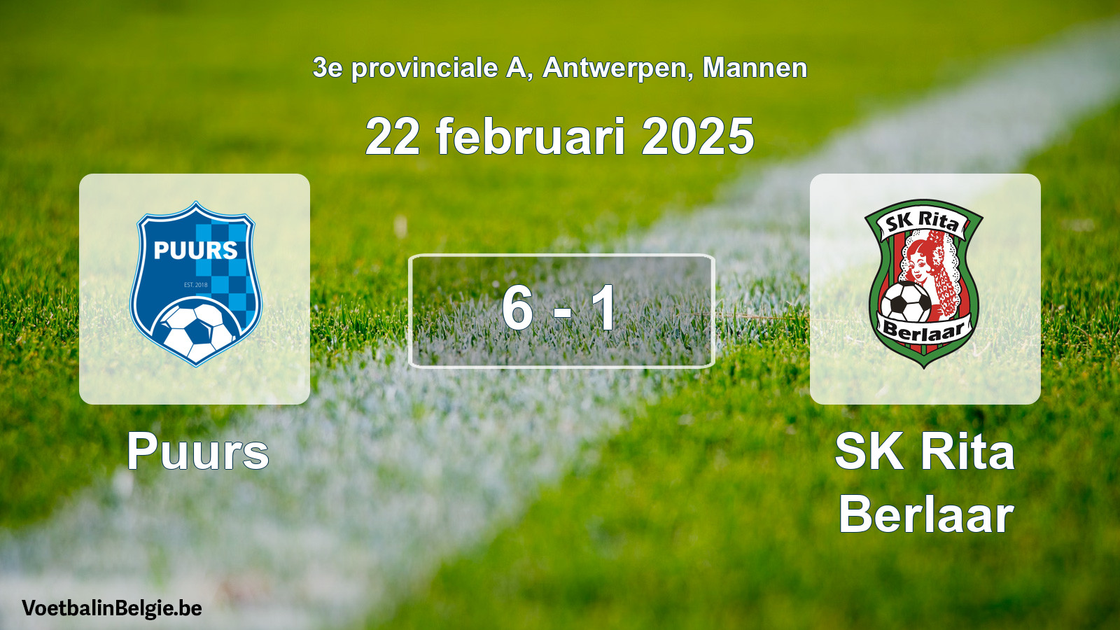 Gespeelde wedstrijd mannenvoetbal: Puurs - SK Rita Berlaar 6 - 1 (22 februari 2025)