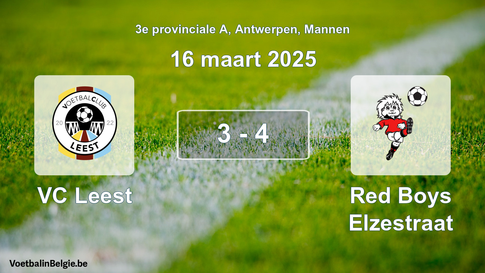 Gespeelde wedstrijd mannenvoetbal: VC Leest - Red Boys Elzestraat 3 - 4 (16 maart 2025)