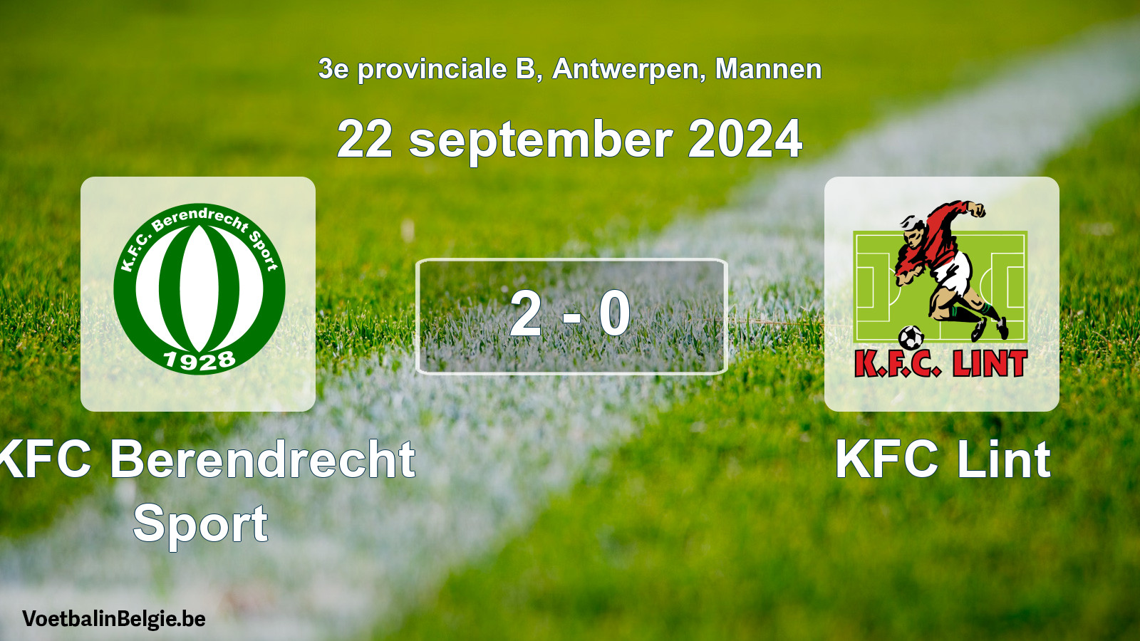 Gespeelde wedstrijd mannenvoetbal: KFC Berendrecht Sport - KFC Lint 2 - 0 (22 september 2024)