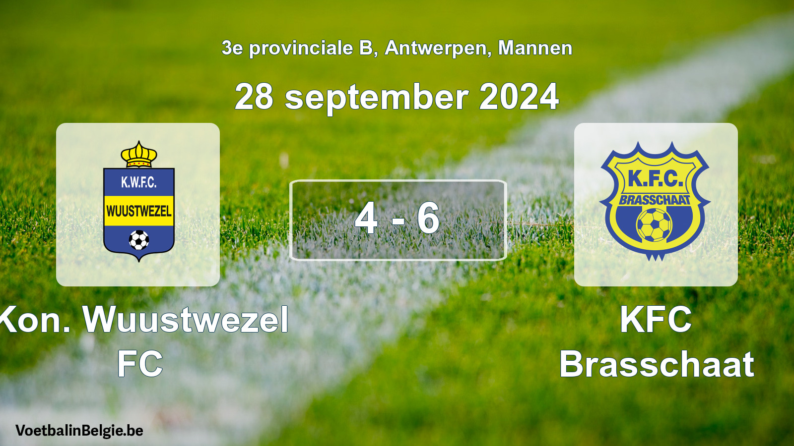 Gespeelde wedstrijd mannenvoetbal: Kon. Wuustwezel FC - KFC Brasschaat 4 - 6 (28 september 2024)