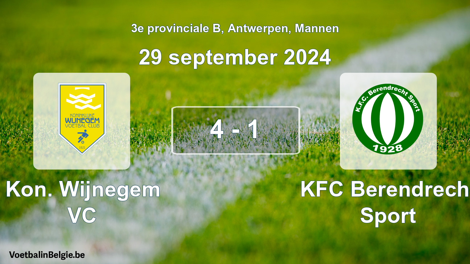 Gespeelde wedstrijd mannenvoetbal: Kon. Wijnegem VC - KFC Berendrecht Sport 4 - 1 (29 september 2024)