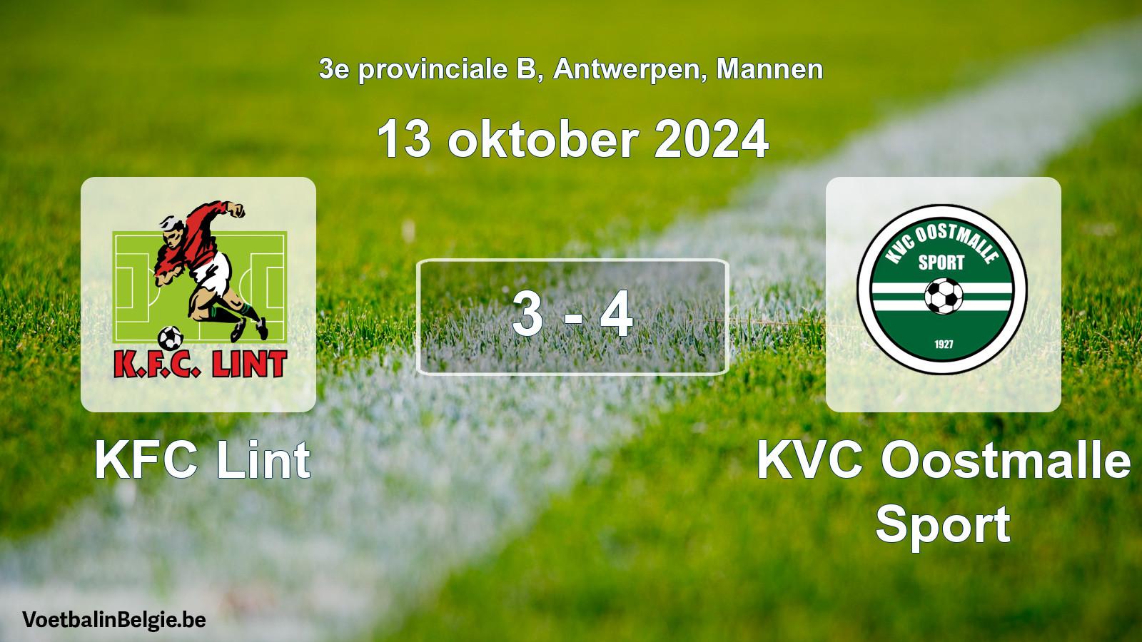 Gespeelde wedstrijd mannenvoetbal: KFC Lint - KVC Oostmalle Sport 3 - 4 (13 oktober 2024)