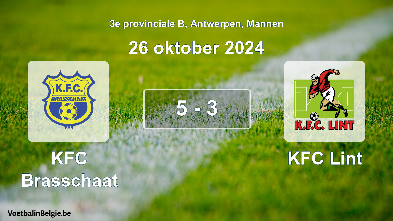 Gespeelde wedstrijd mannenvoetbal: KFC Brasschaat - KFC Lint 5 - 3 (26 oktober 2024)