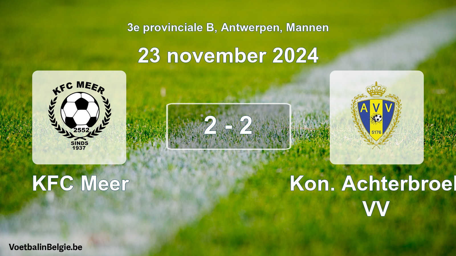 Gespeelde wedstrijd mannenvoetbal: KFC Meer - Kon. Achterbroek VV 2 - 2 (23 november 2024)