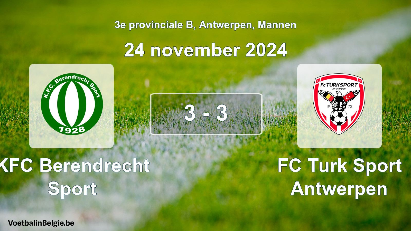 Gespeelde wedstrijd mannenvoetbal: KFC Berendrecht Sport - FC Turk Sport Antwerpen 3 - 3 (24 november 2024)