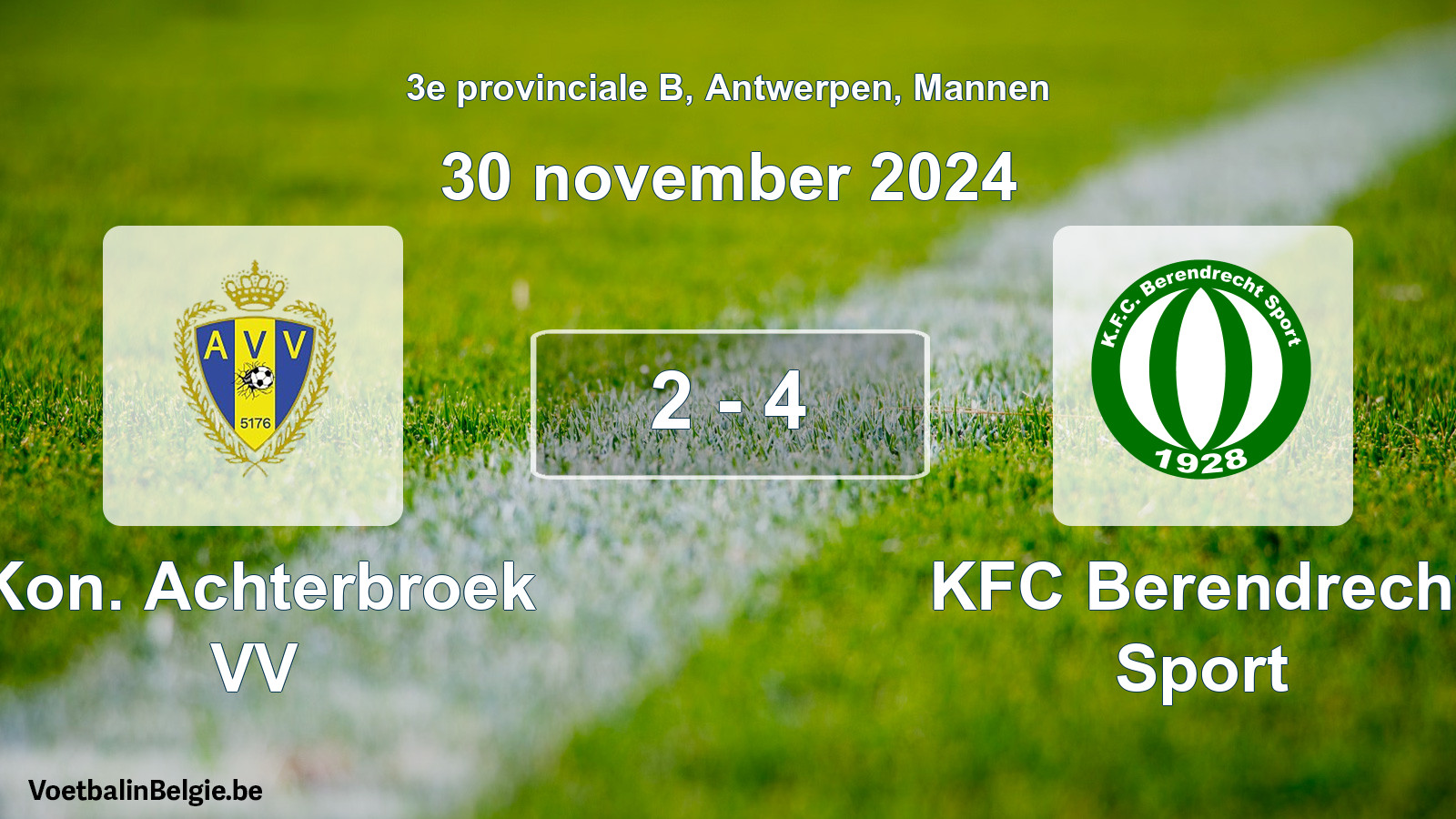 Gespeelde wedstrijd mannenvoetbal: Kon. Achterbroek VV - KFC Berendrecht Sport 2 - 4 (30 november 2024)