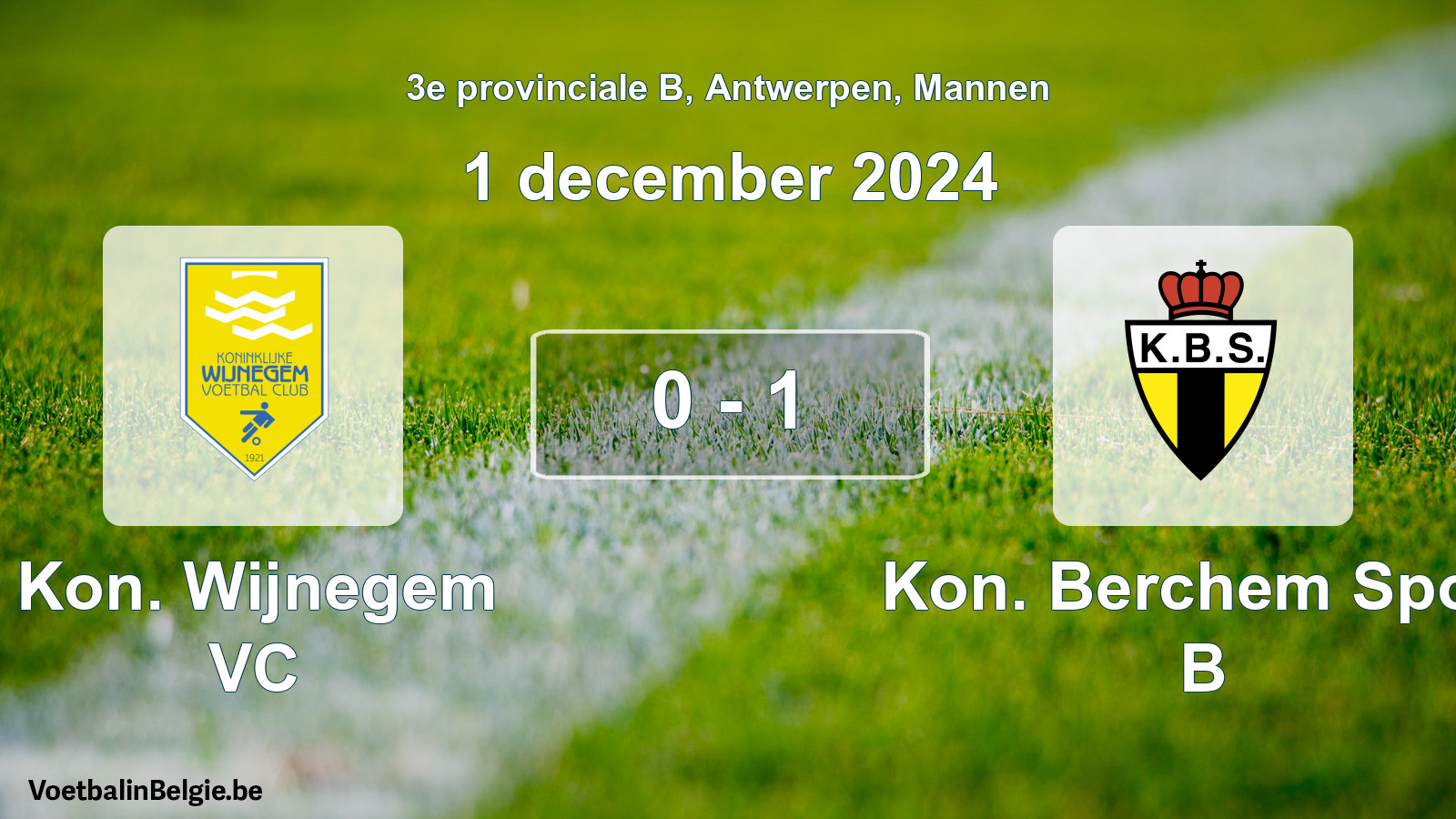 Gespeelde wedstrijd mannenvoetbal: Kon. Wijnegem VC - Kon. Berchem Sport B 0 - 1 (1 december 2024)
