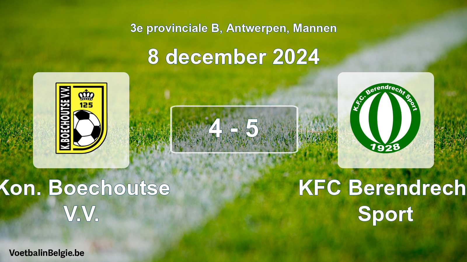 Gespeelde wedstrijd mannenvoetbal: Kon. Boechoutse V.V. - KFC Berendrecht Sport 4 - 5 (8 december 2024)