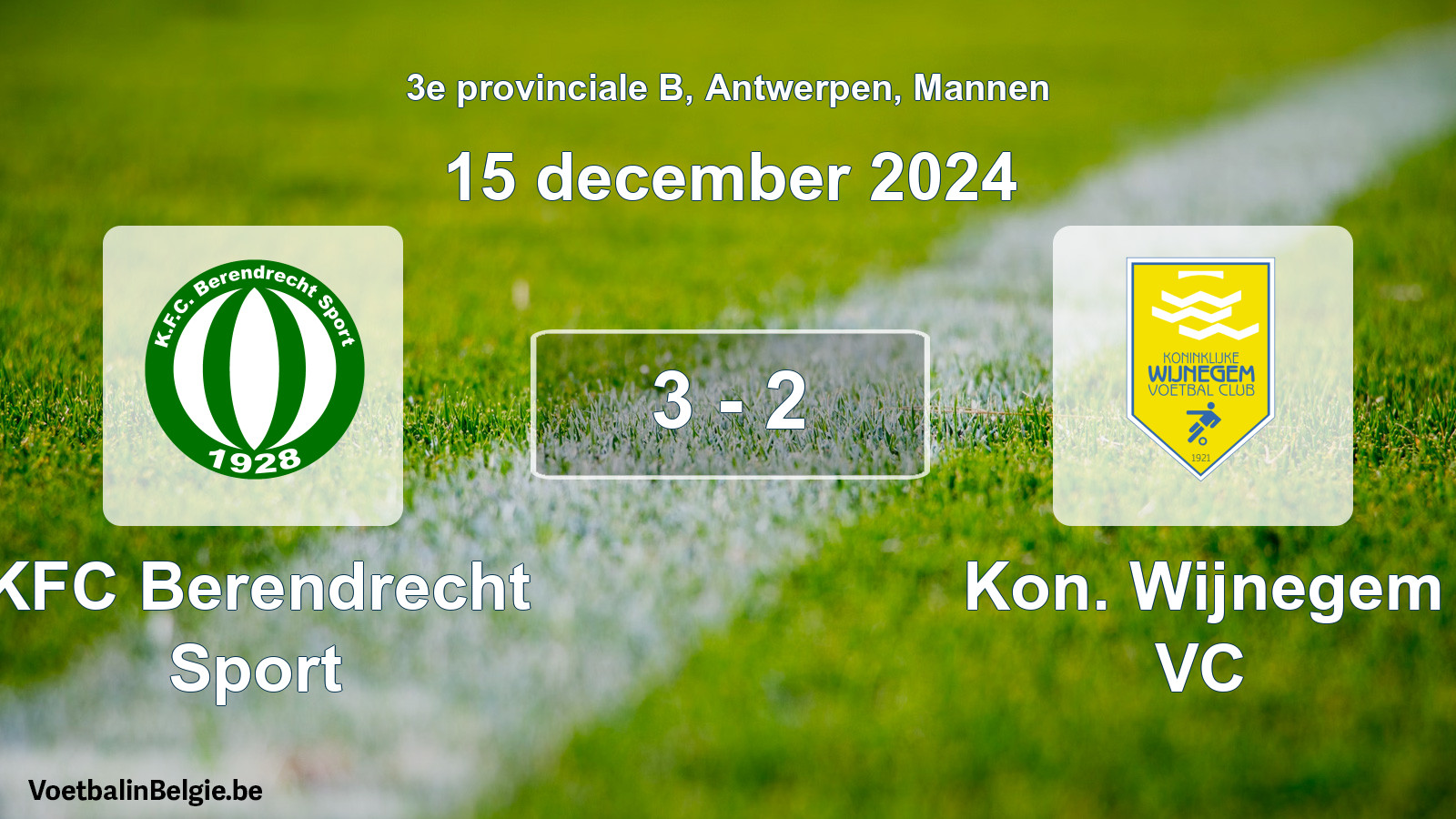 Gespeelde wedstrijd mannenvoetbal: KFC Berendrecht Sport - Kon. Wijnegem VC 3 - 2 (15 december 2024)
