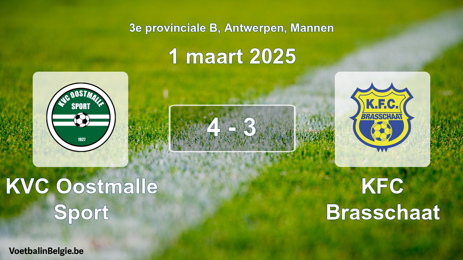 Gespeelde wedstrijd mannenvoetbal: KVC Oostmalle Sport - KFC Brasschaat 4 - 3 (1 maart 2025)