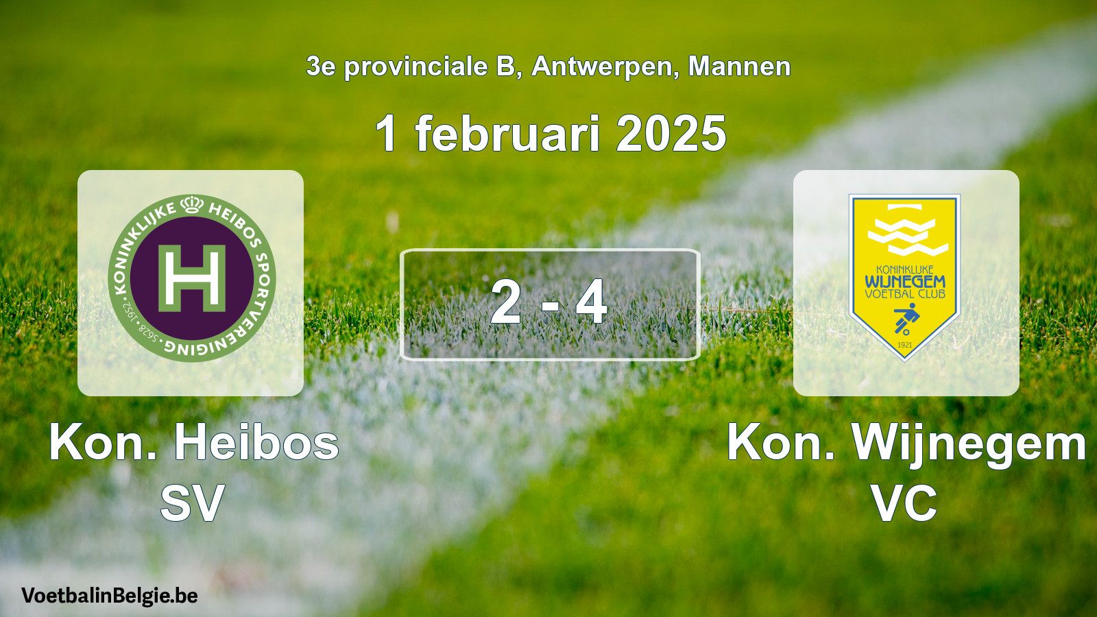 Gespeelde wedstrijd mannenvoetbal: Kon. Heibos SV - Kon. Wijnegem VC 2 - 4 (1 februari 2025)