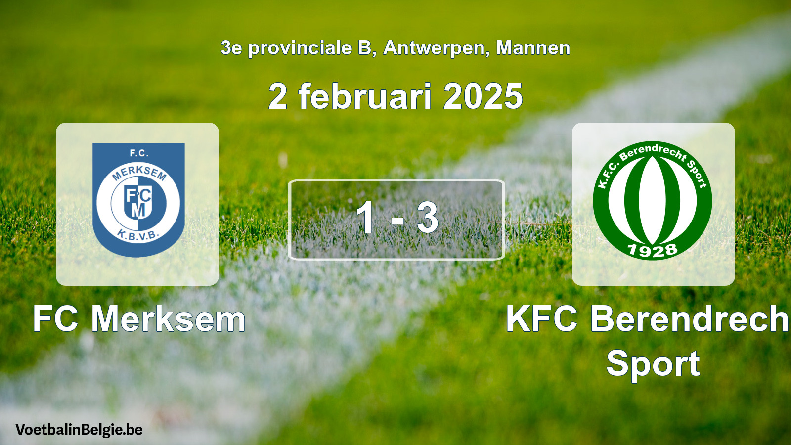 Gespeelde wedstrijd mannenvoetbal: FC Merksem - KFC Berendrecht Sport 1 - 3 (2 februari 2025)