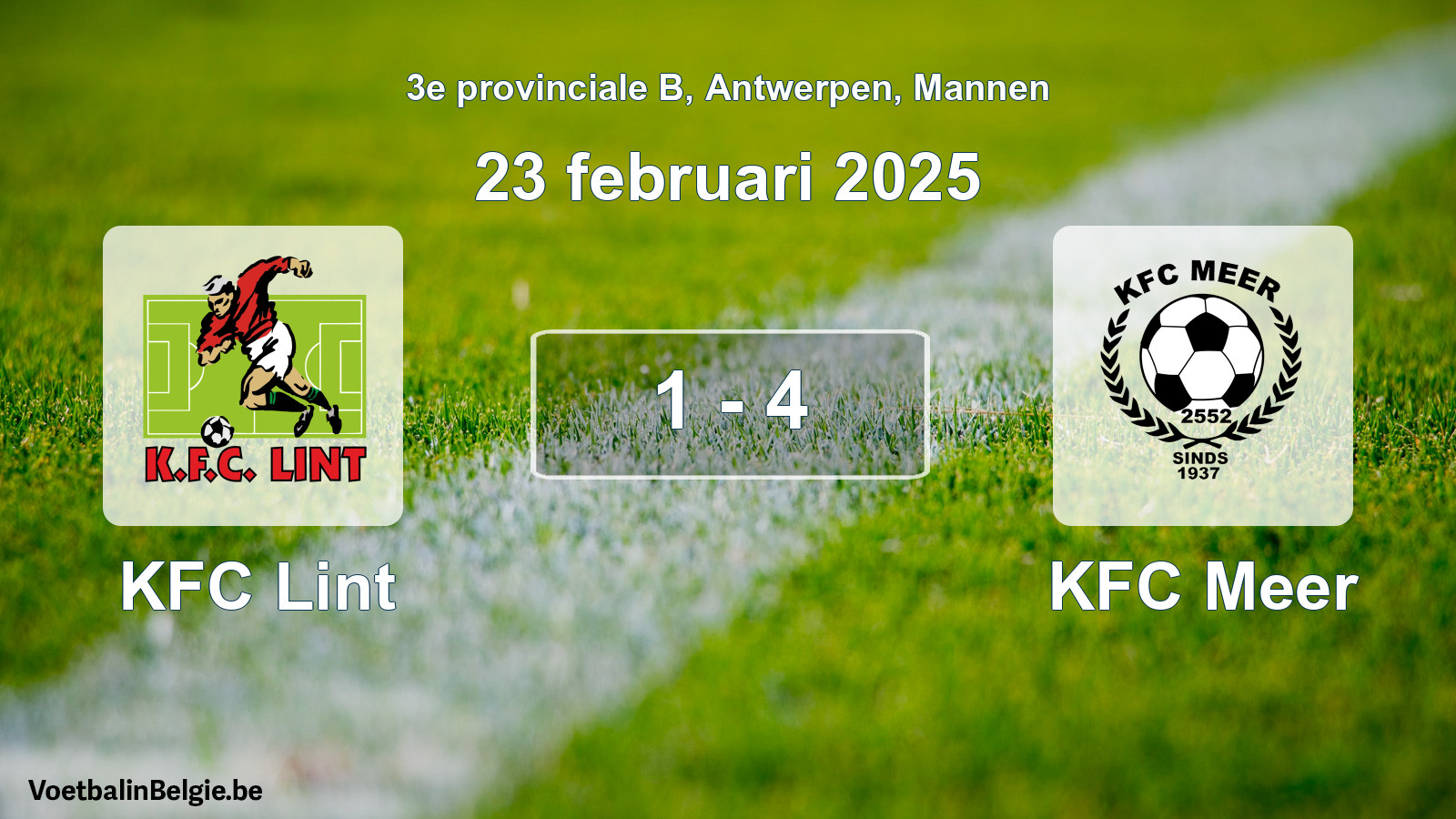 Gespeelde wedstrijd mannenvoetbal: KFC Lint - KFC Meer 1 - 4 (23 februari 2025)