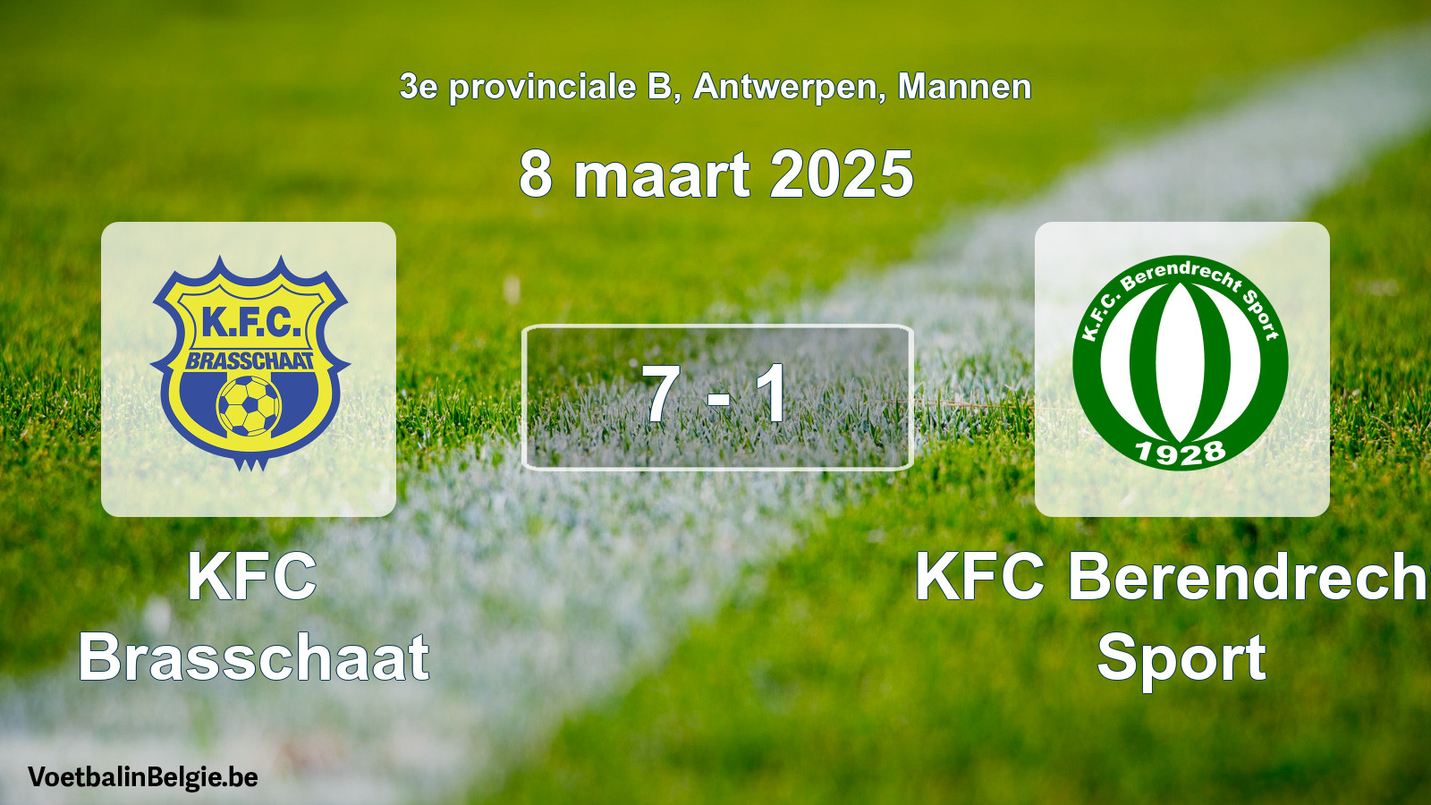Gespeelde wedstrijd mannenvoetbal: KFC Brasschaat - KFC Berendrecht Sport 7 - 1 (8 maart 2025)
