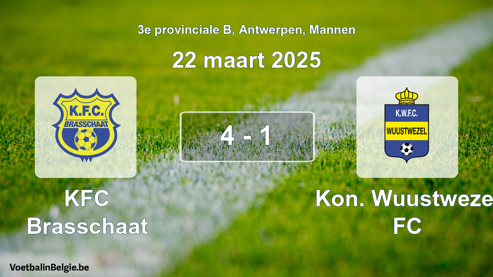 Gespeelde wedstrijd mannenvoetbal: KFC Brasschaat - Kon. Wuustwezel FC 4 - 1 (22 maart 2025)