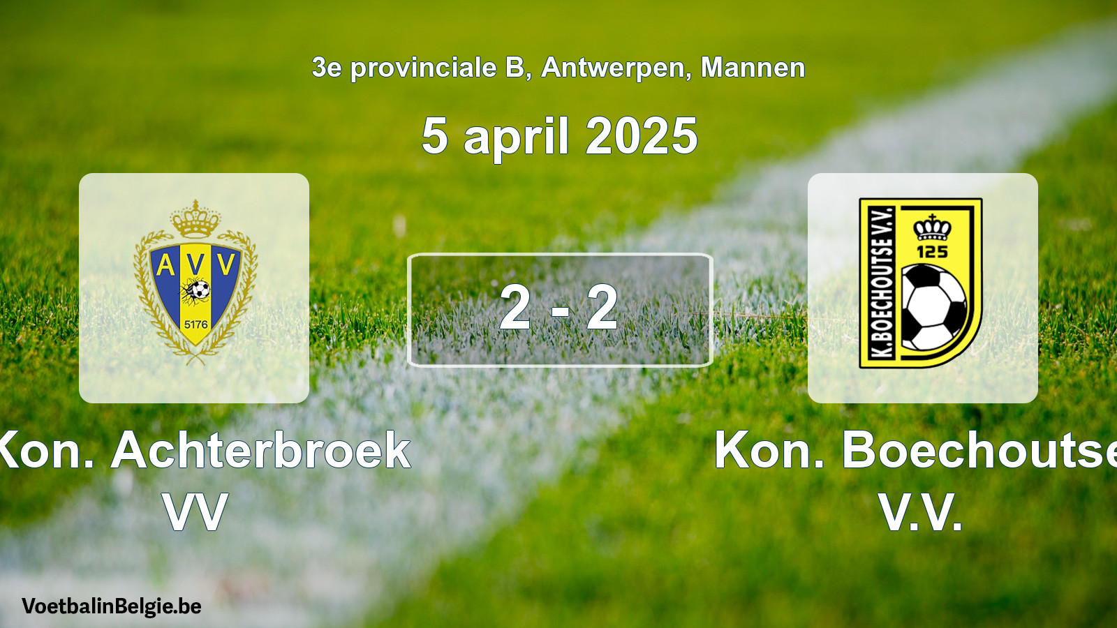 Gespeelde wedstrijd mannenvoetbal: Kon. Achterbroek VV - Kon. Boechoutse V.V. 2 - 2 (5 april 2025)