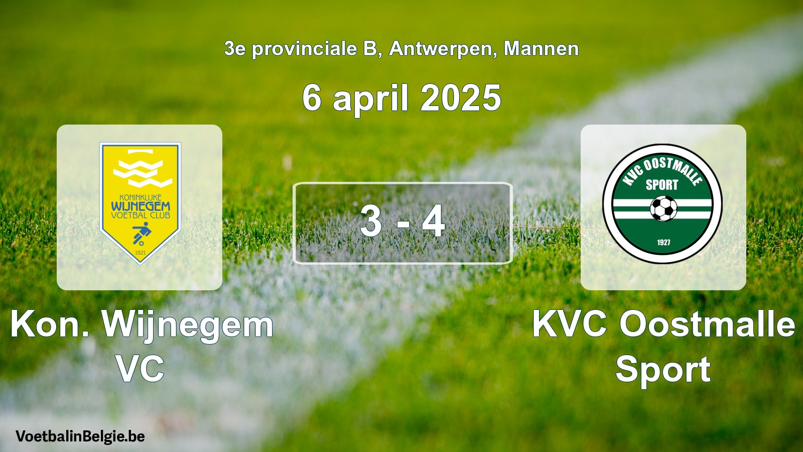 Gespeelde wedstrijd mannenvoetbal: Kon. Wijnegem VC - KVC Oostmalle Sport 3 - 4 (6 april 2025)