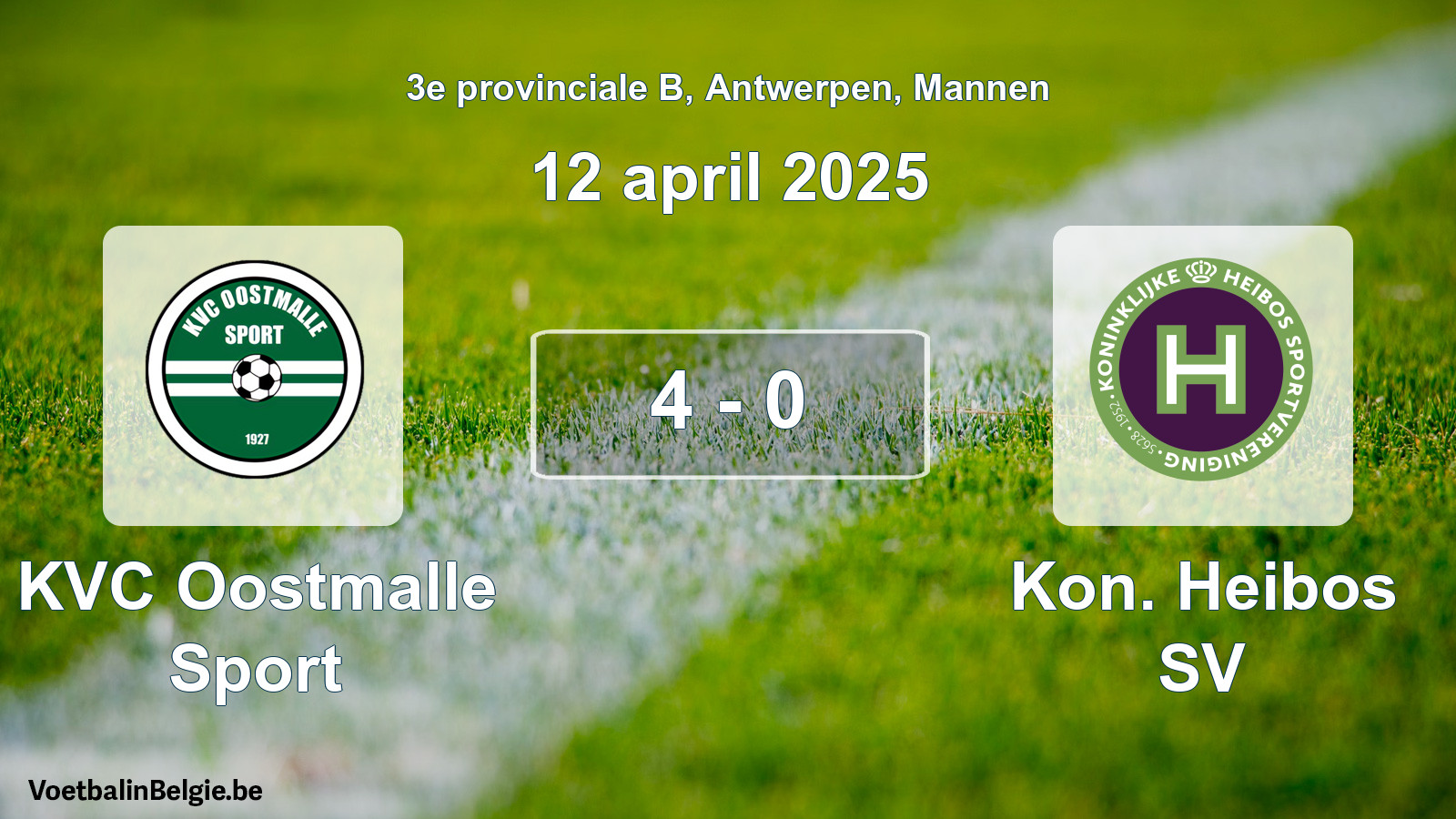 Gespieltes Spiel männer-Fußball: KVC Oostmalle Sport - Kon. Heibos SV 4 - 0 (12 April 2025)