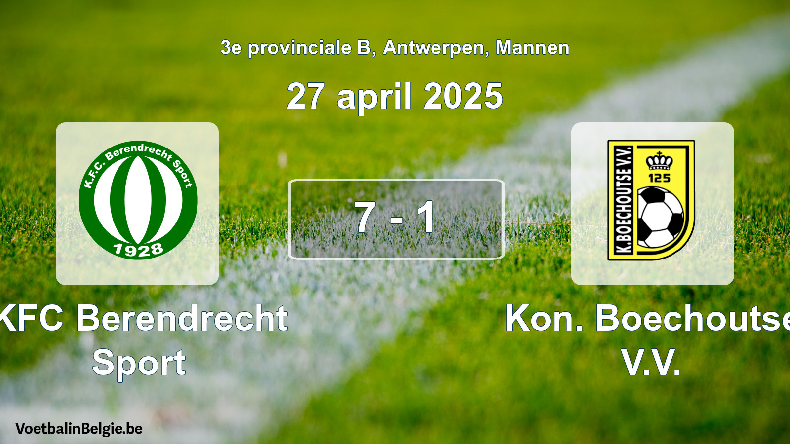 Gespeelde wedstrijd mannenvoetbal: KFC Berendrecht Sport - Kon. Boechoutse V.V. 7 - 1 (27 april 2025)