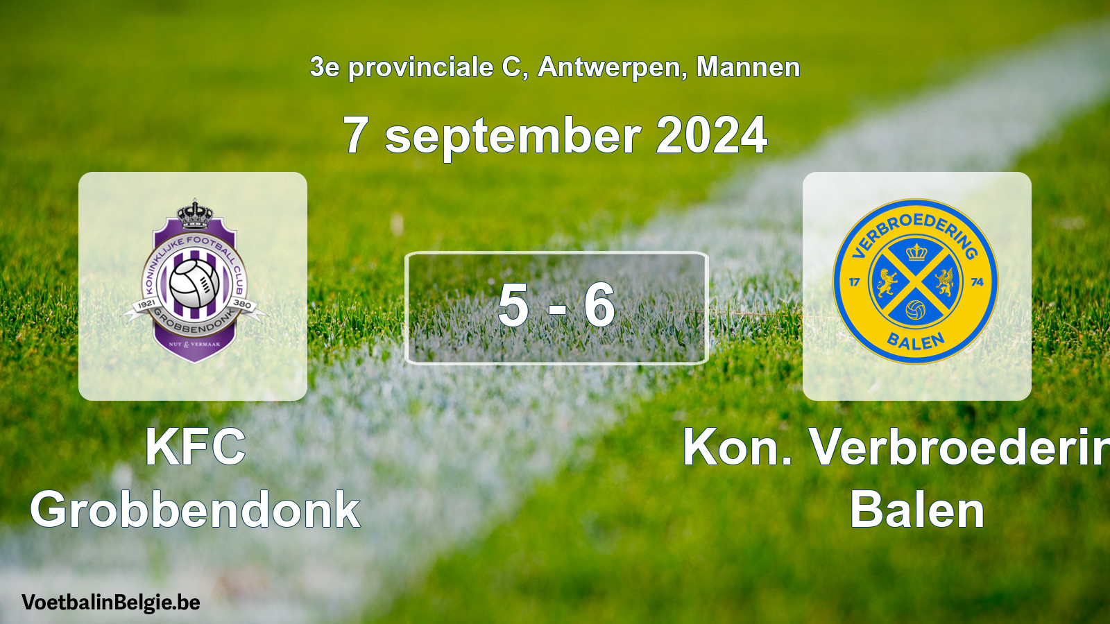 Gespeelde wedstrijd mannenvoetbal: KFC Grobbendonk - Kon. Verbroedering Balen 5 - 6 (7 september 2024)