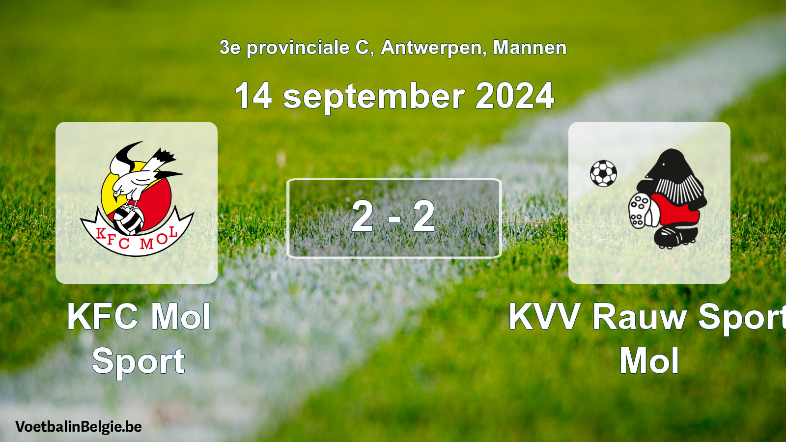 Gespeelde wedstrijd mannenvoetbal: KFC Mol Sport - KVV Rauw Sport Mol 2 - 2 (14 september 2024)