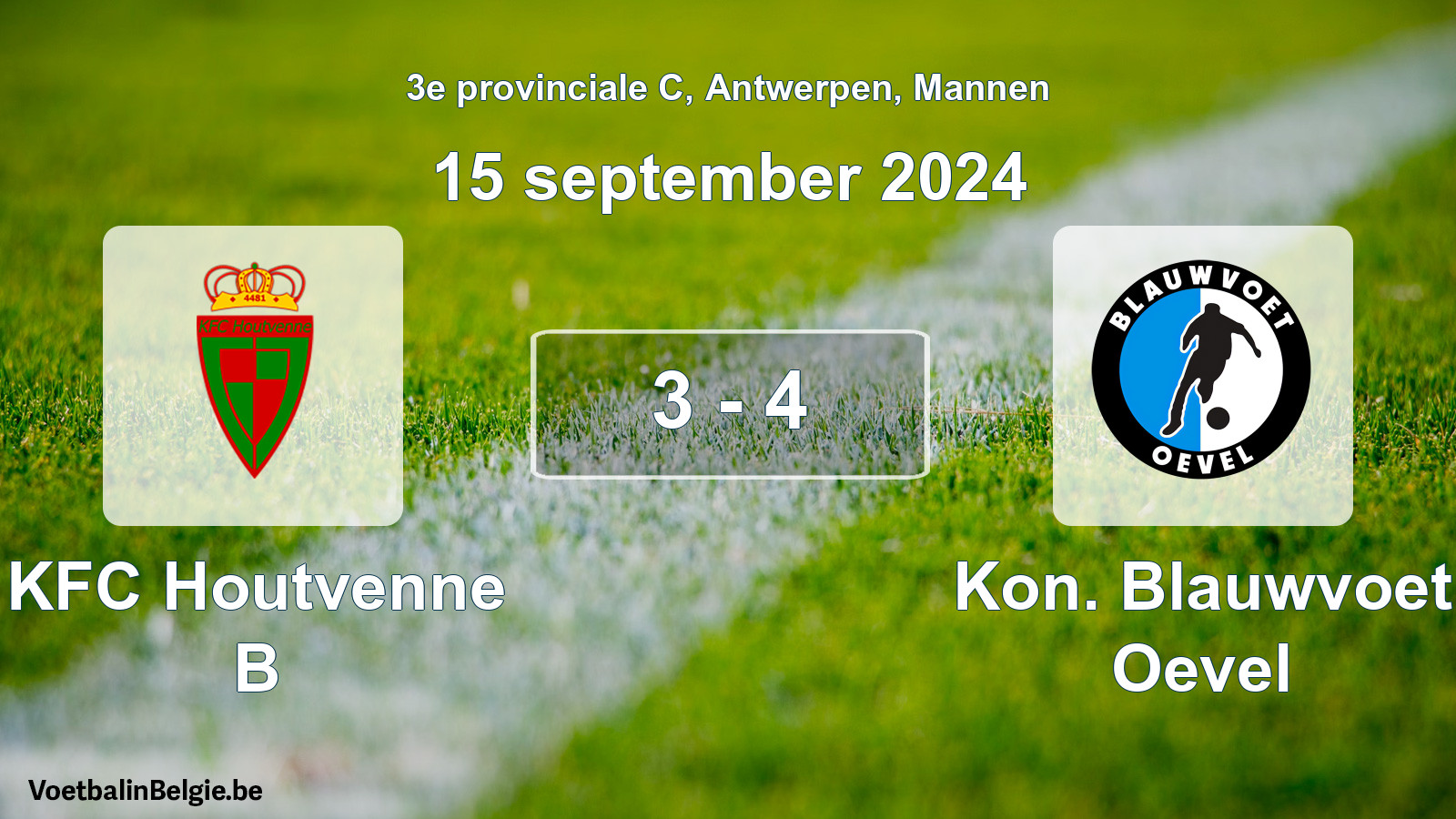 Gespeelde wedstrijd mannenvoetbal: KFC Houtvenne B - Kon. Blauwvoet Oevel 3 - 4 (15 september 2024)