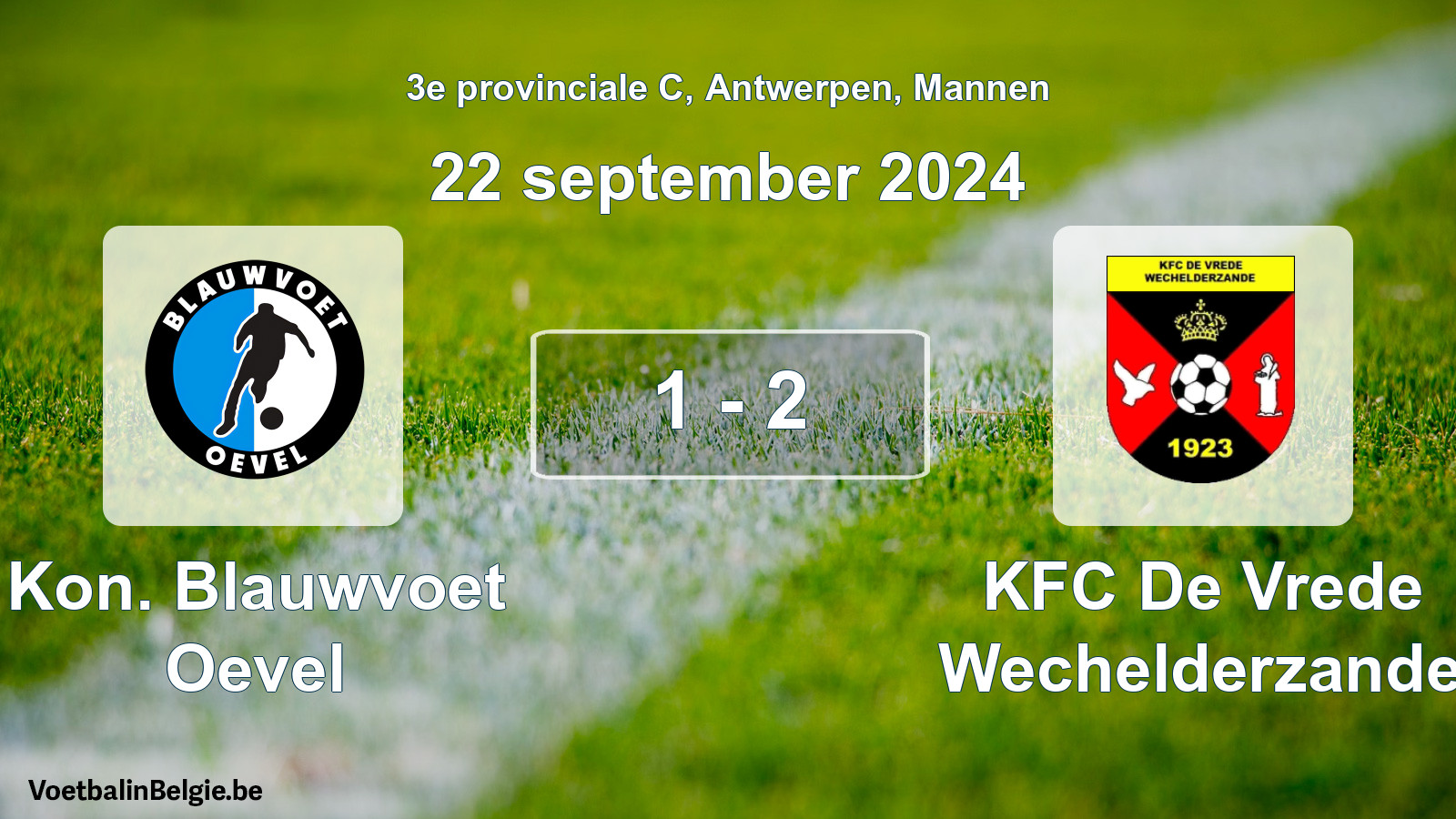 Gespeelde wedstrijd mannenvoetbal: Kon. Blauwvoet Oevel - KFC De Vrede Wechelderzande 1 - 2 (22 september 2024)