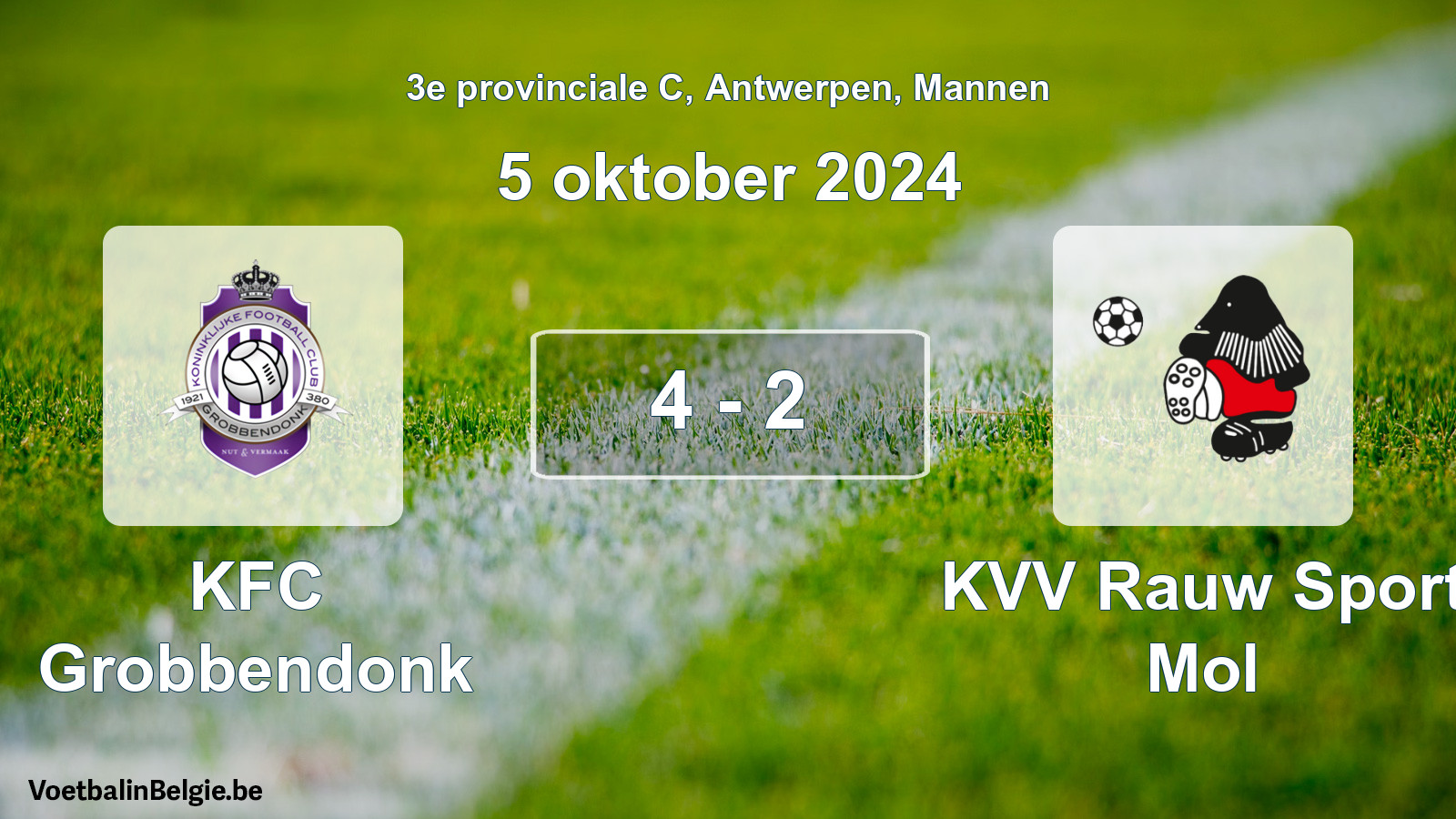 Gespeelde wedstrijd mannenvoetbal: KFC Grobbendonk - KVV Rauw Sport Mol 4 - 2 (5 oktober 2024)