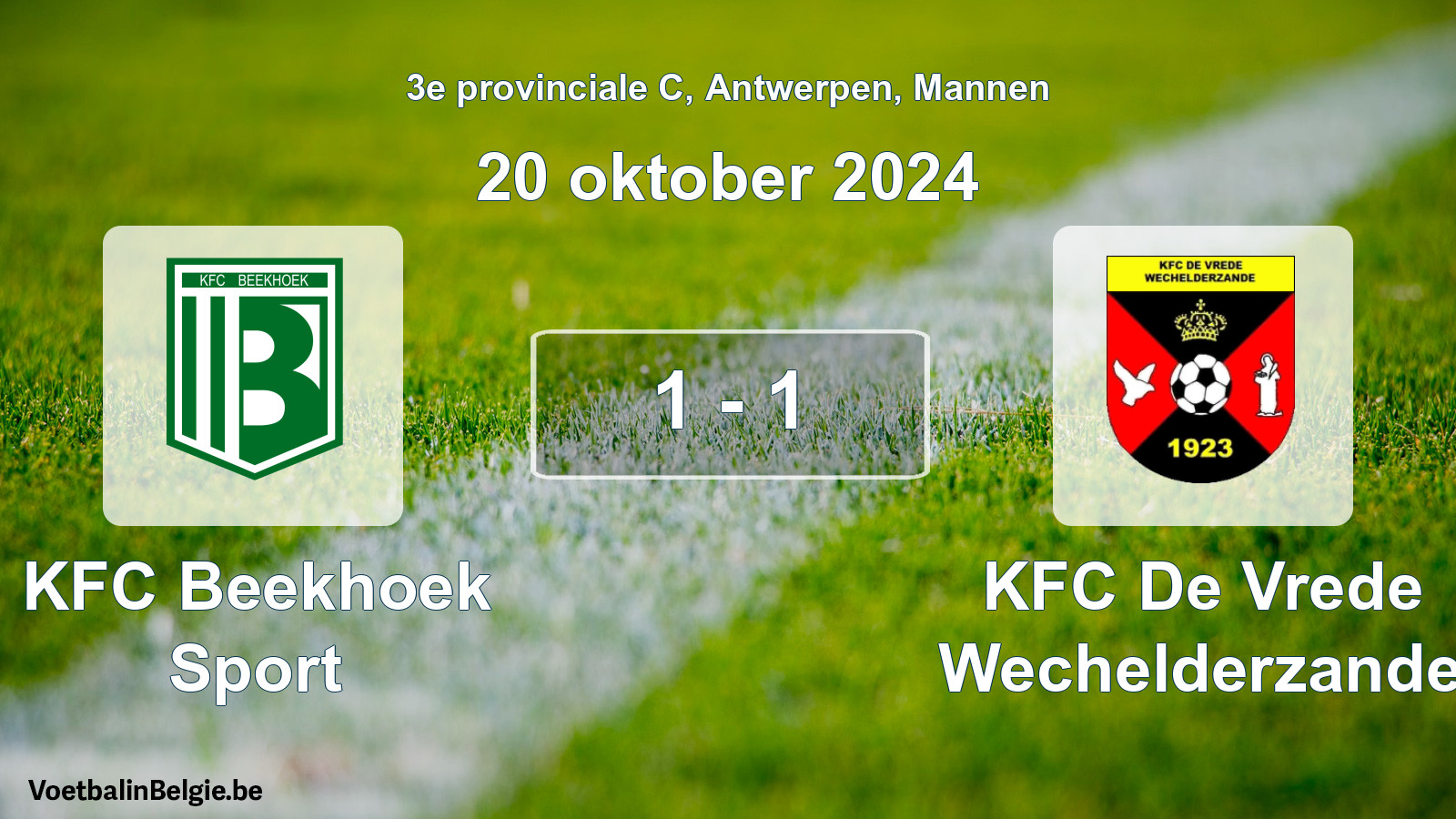 Gespeelde wedstrijd mannenvoetbal: KFC Beekhoek Sport - KFC De Vrede Wechelderzande 1 - 1 (20 oktober 2024)