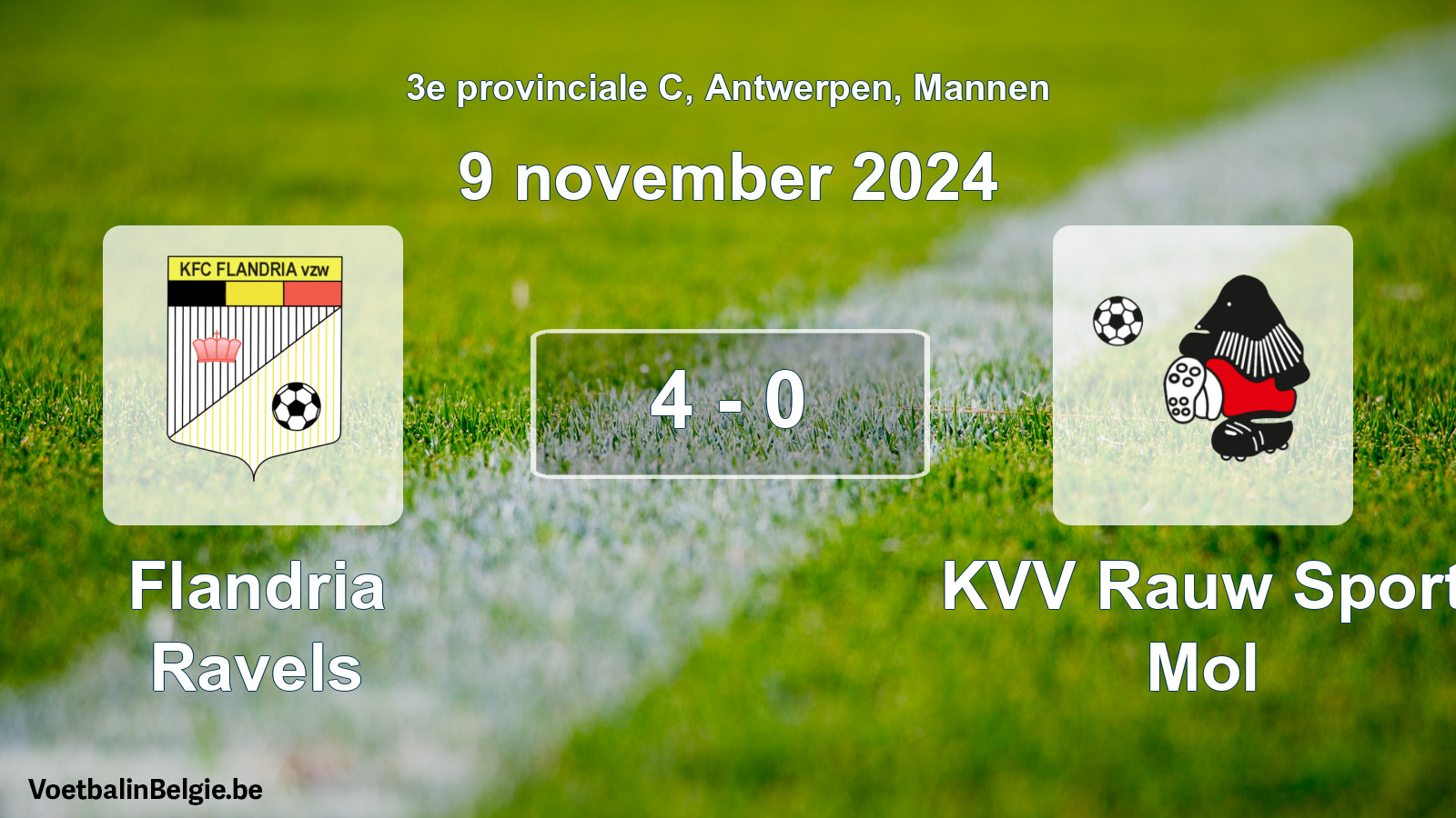 Gespeelde wedstrijd mannenvoetbal: Flandria Ravels - KVV Rauw Sport Mol 4 - 0 (9 november 2024)