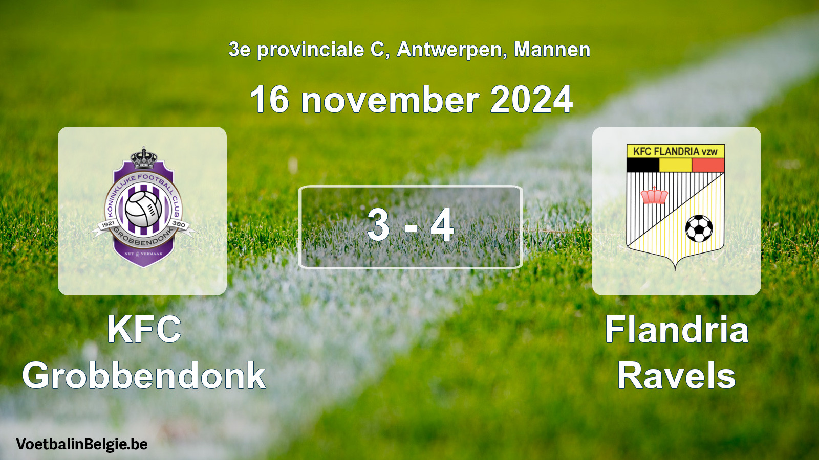 Gespeelde wedstrijd mannenvoetbal: KFC Grobbendonk - Flandria Ravels 3 - 4 (16 november 2024)