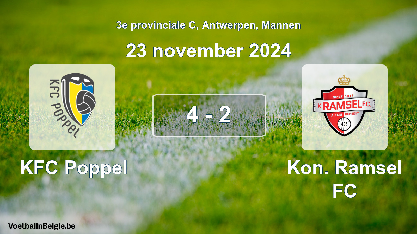 Gespeelde wedstrijd mannenvoetbal: KFC Poppel - Kon. Ramsel FC 4 - 2 (23 november 2024)