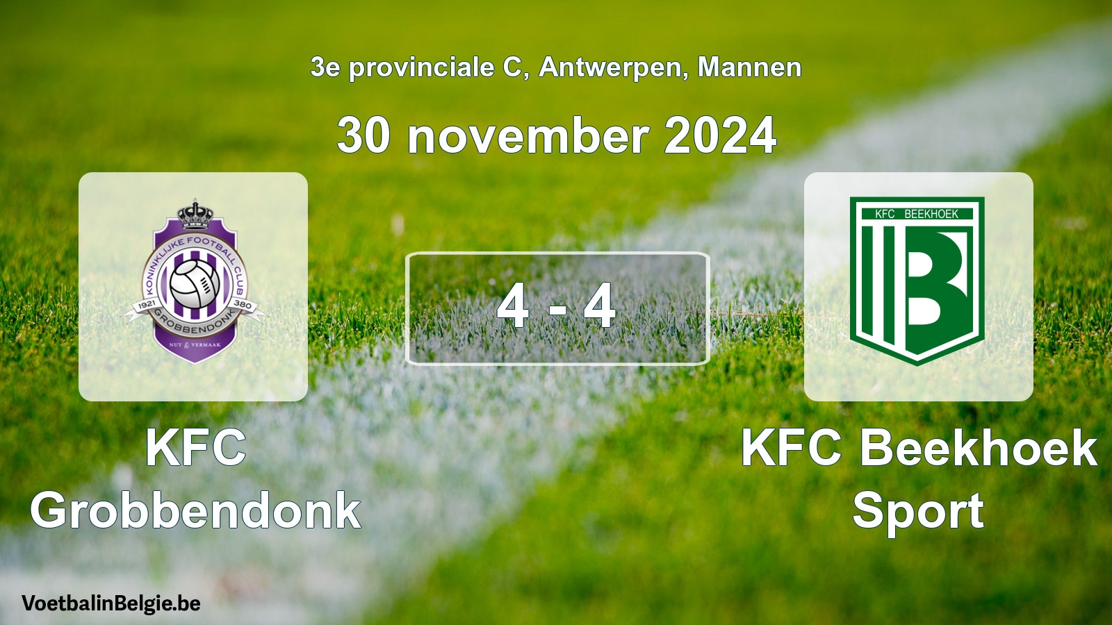 Gespeelde wedstrijd mannenvoetbal: KFC Grobbendonk - KFC Beekhoek Sport 4 - 4 (30 november 2024)