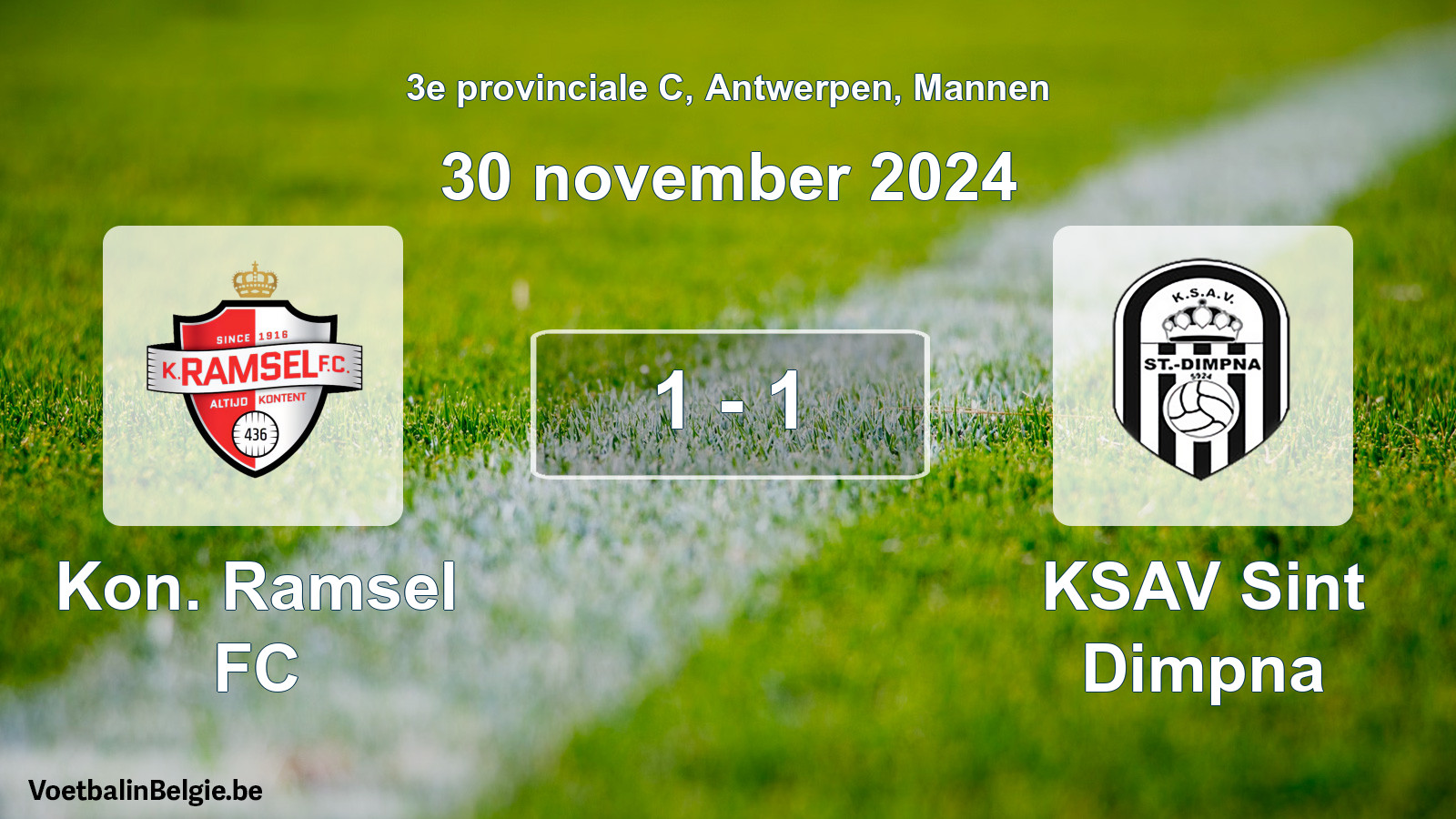 Gespeelde wedstrijd mannenvoetbal: Kon. Ramsel FC - KSAV Sint Dimpna 1 - 1 (30 november 2024)