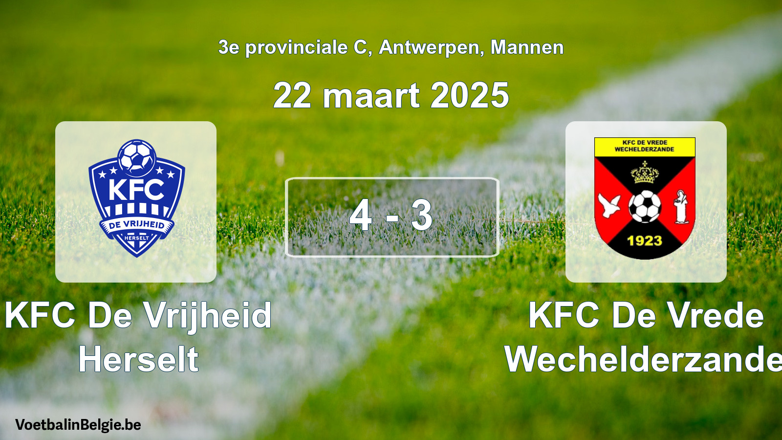 Gespeelde wedstrijd mannenvoetbal: KFC De Vrijheid Herselt - KFC De Vrede Wechelderzande 4 - 3 (22 maart 2025)