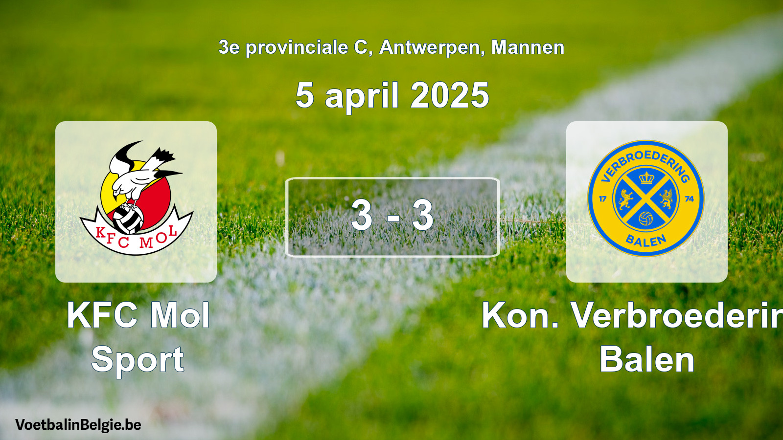 Gespeelde wedstrijd mannenvoetbal: KFC Mol Sport - Kon. Verbroedering Balen 3 - 3 (5 april 2025)