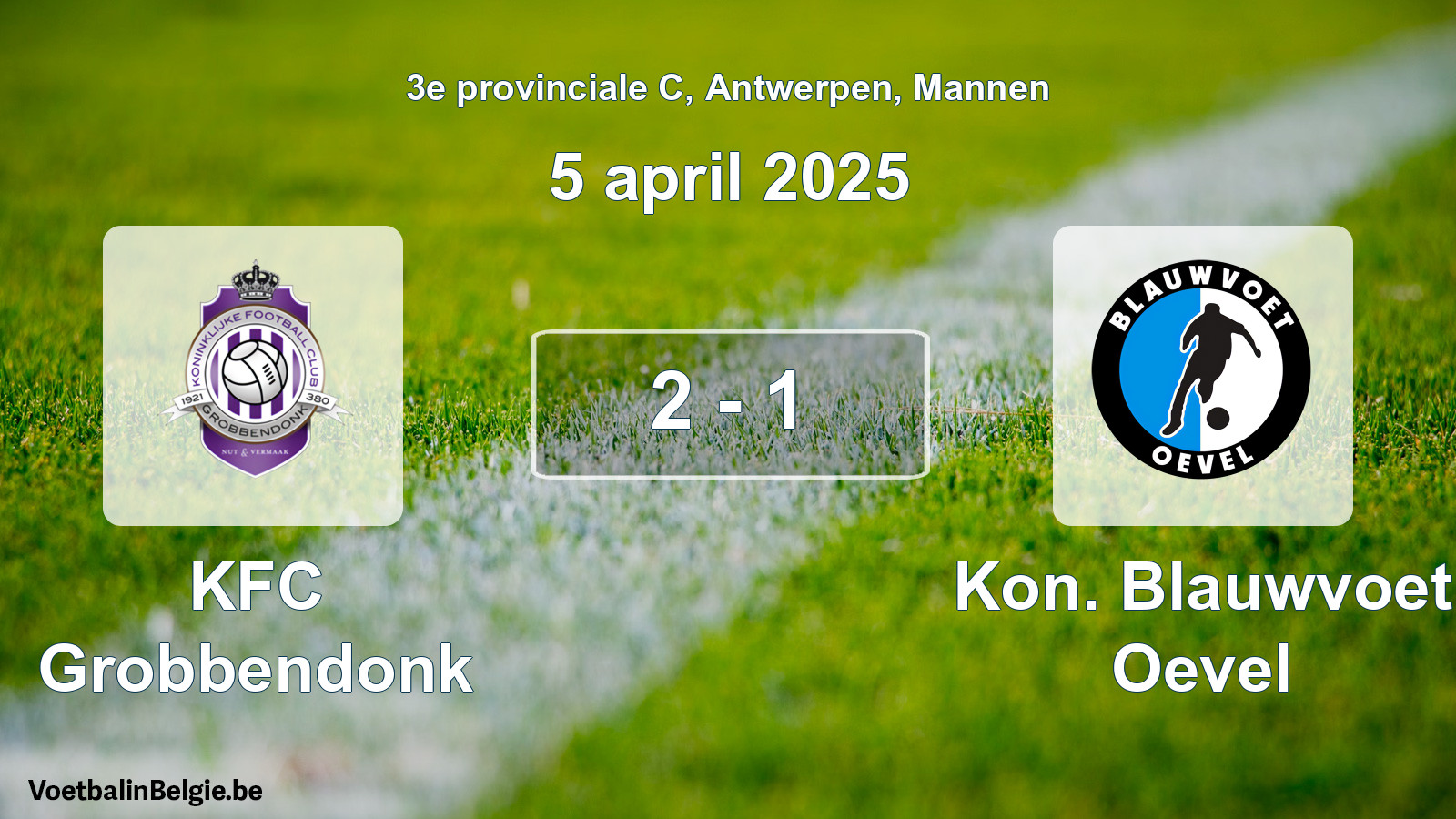 Gespeelde wedstrijd mannenvoetbal: KFC Grobbendonk - Kon. Blauwvoet Oevel 2 - 1 (5 april 2025)