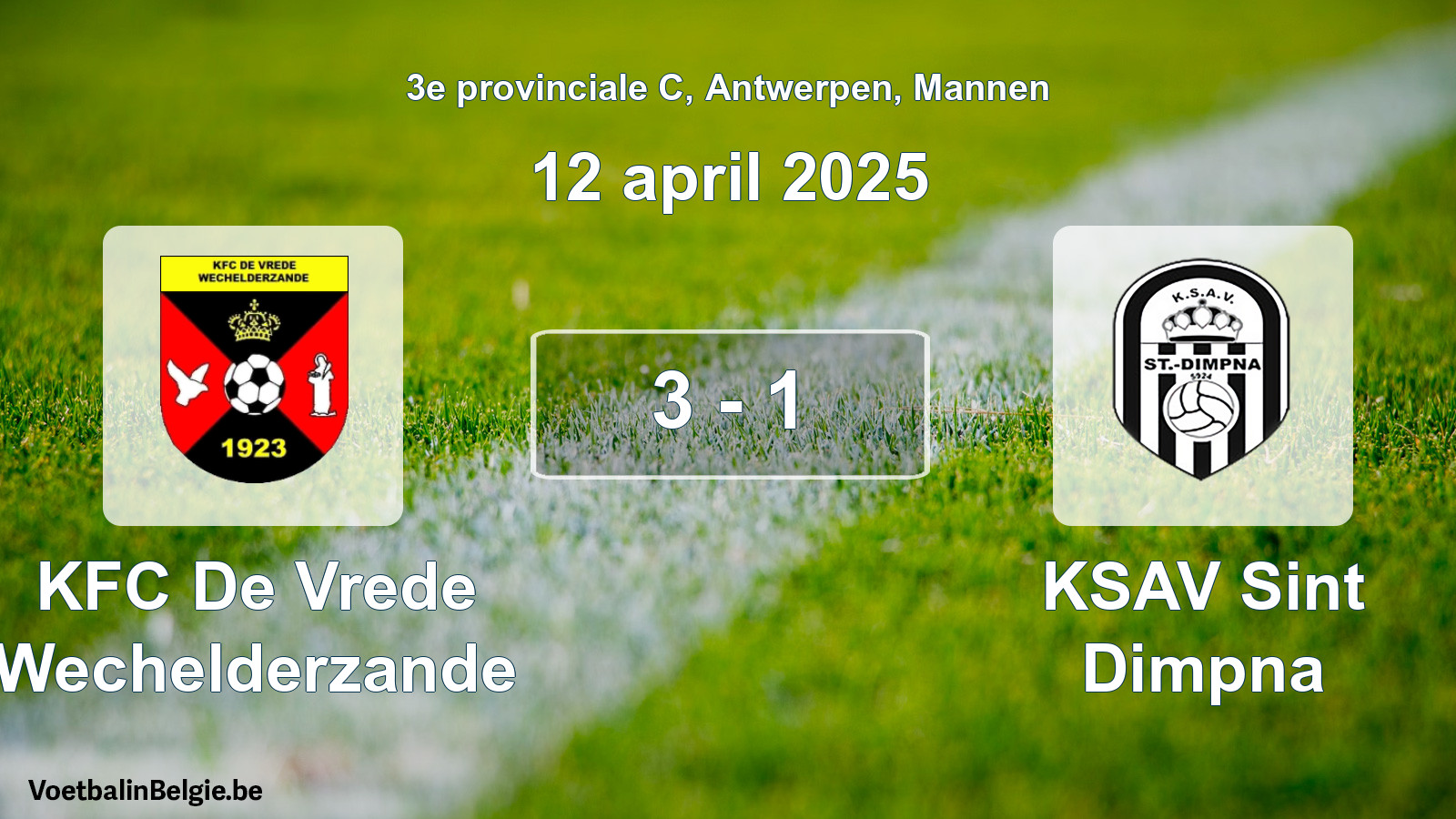 Gespeelde wedstrijd mannenvoetbal: KFC De Vrede Wechelderzande - KSAV Sint Dimpna 3 - 1 (12 april 2025)