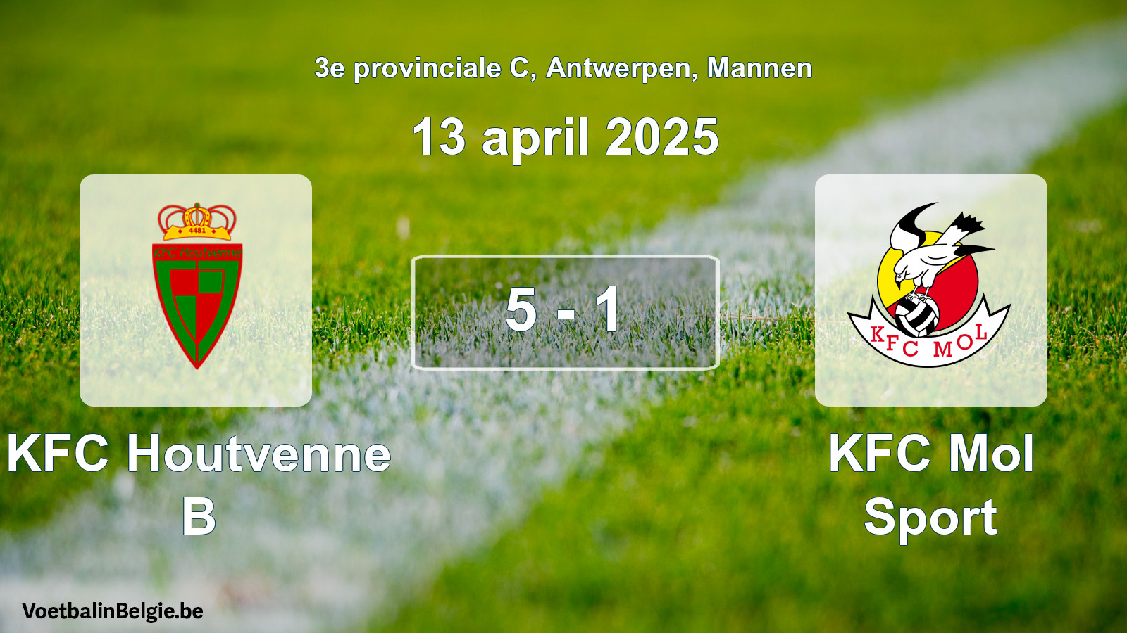 Gespeelde wedstrijd mannenvoetbal: KFC Houtvenne B - KFC Mol Sport 5 - 1 (13 april 2025)