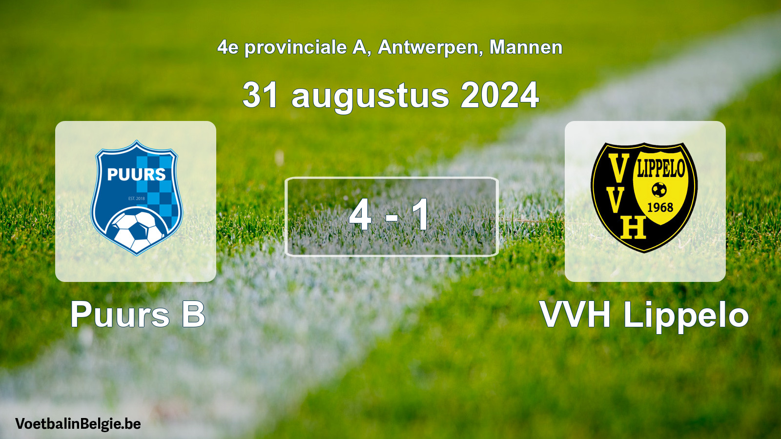 Gespeelde wedstrijd mannenvoetbal: Puurs B - VVH Lippelo 4 - 1 (31 augustus 2024)
