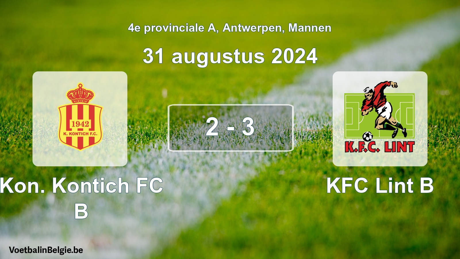 Gespeelde wedstrijd mannenvoetbal: Kon. Kontich FC B - KFC Lint B 2 - 3 (31 augustus 2024)