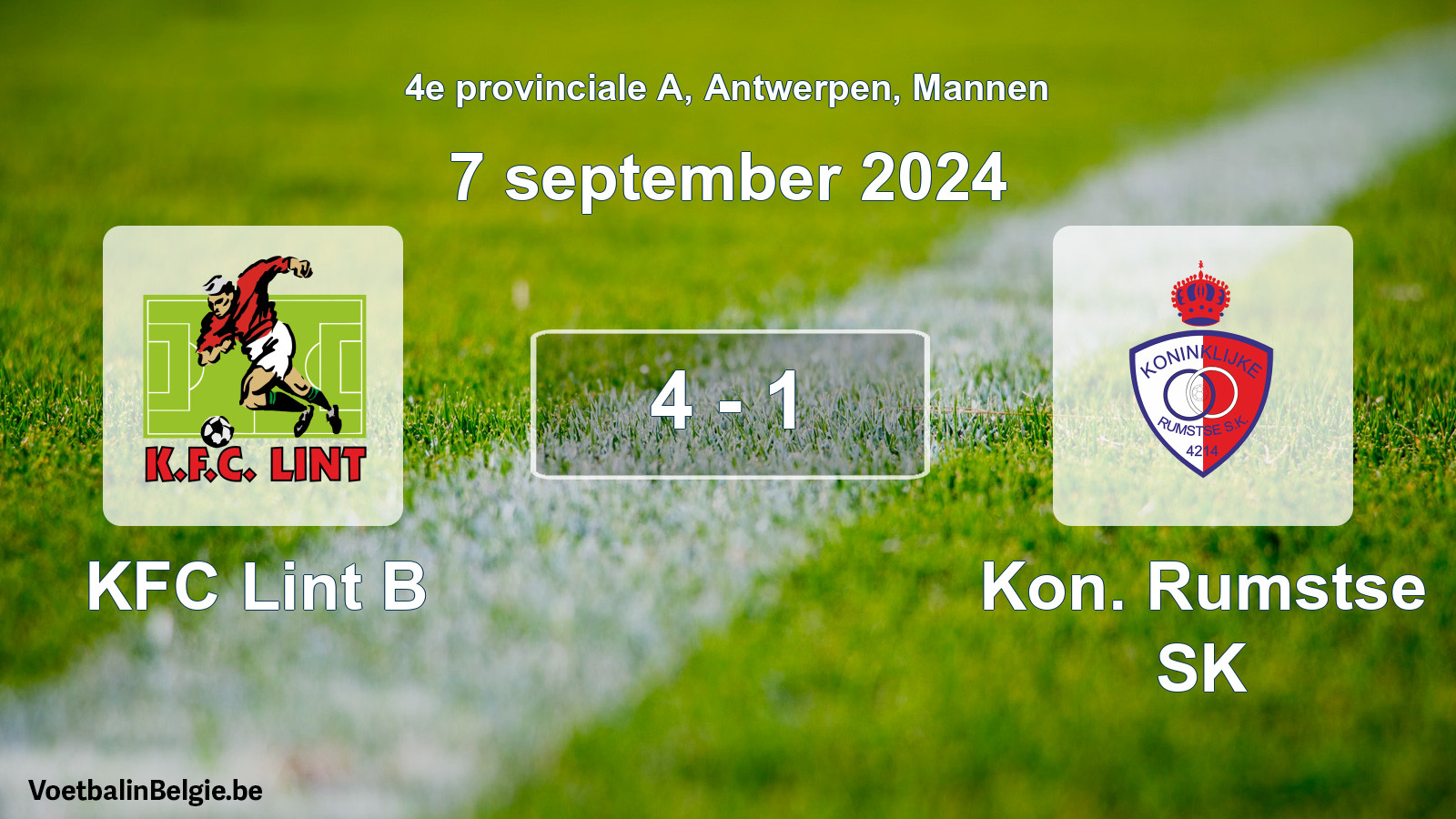 Gespeelde wedstrijd mannenvoetbal: KFC Lint B - Kon. Rumstse SK 4 - 1 (7 september 2024)