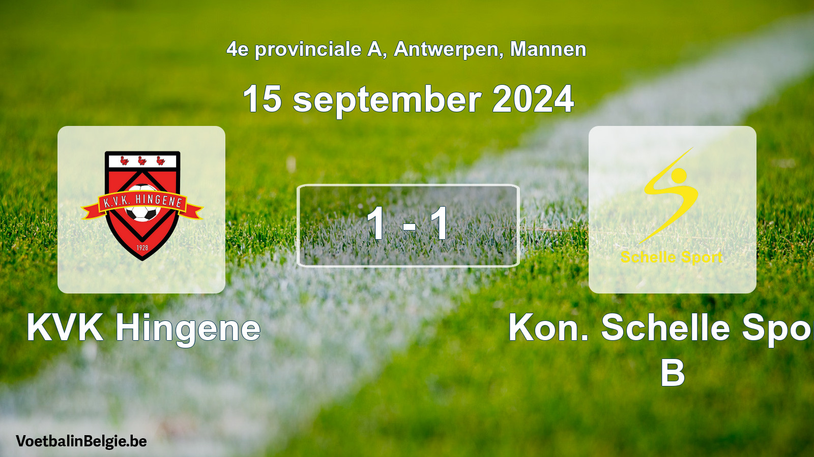 Gespeelde wedstrijd mannenvoetbal: KVK Hingene - Kon. Schelle Sport B 1 - 1 (15 september 2024)