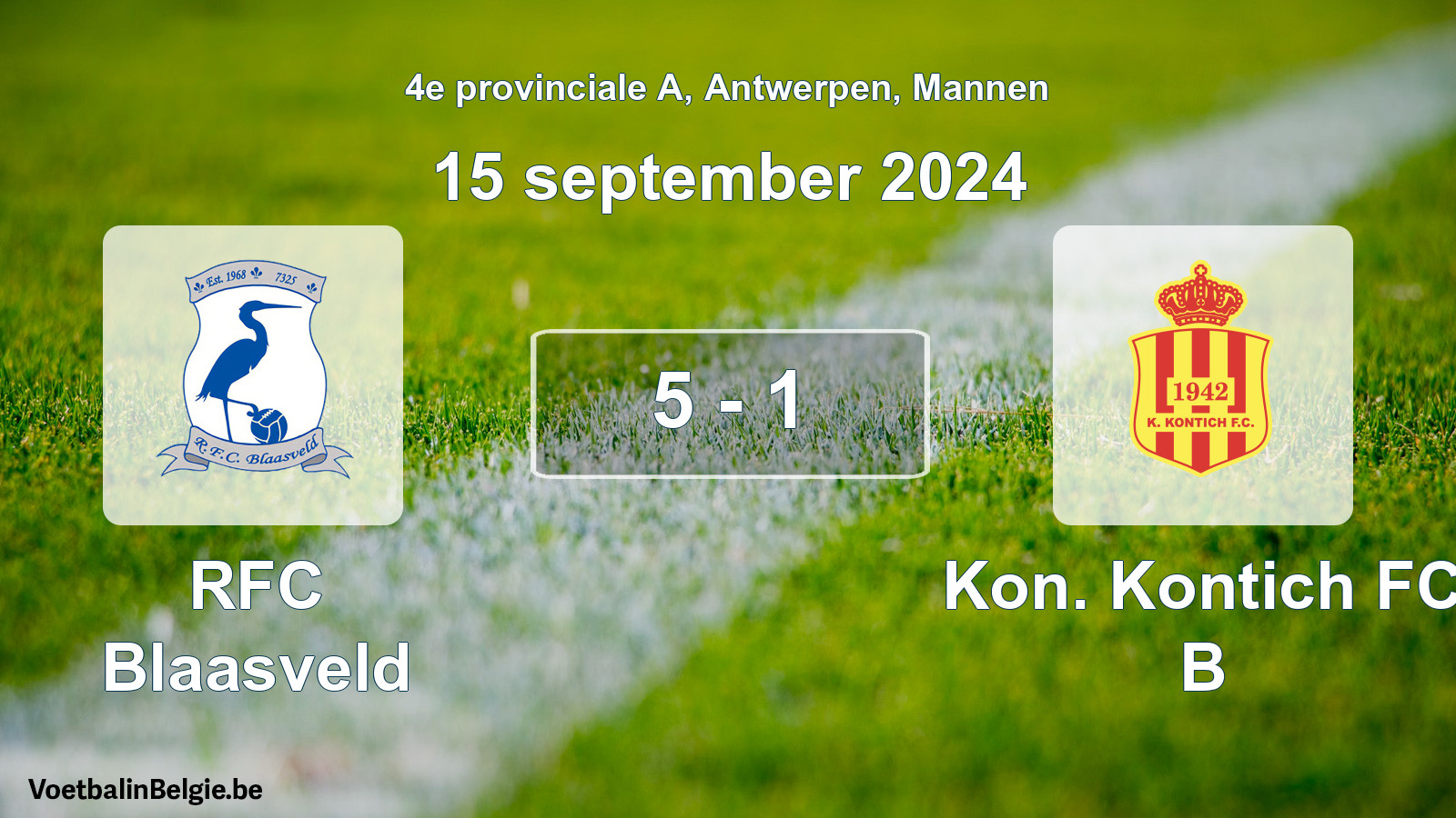Gespeelde wedstrijd mannenvoetbal: RFC Blaasveld - Kon. Kontich FC B 5 - 1 (15 september 2024)