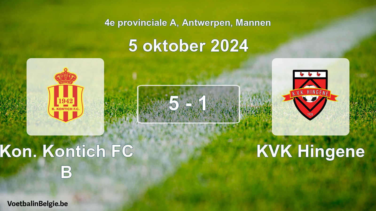 Gespeelde wedstrijd mannenvoetbal: Kon. Kontich FC B - KVK Hingene 5 - 1 (5 oktober 2024)