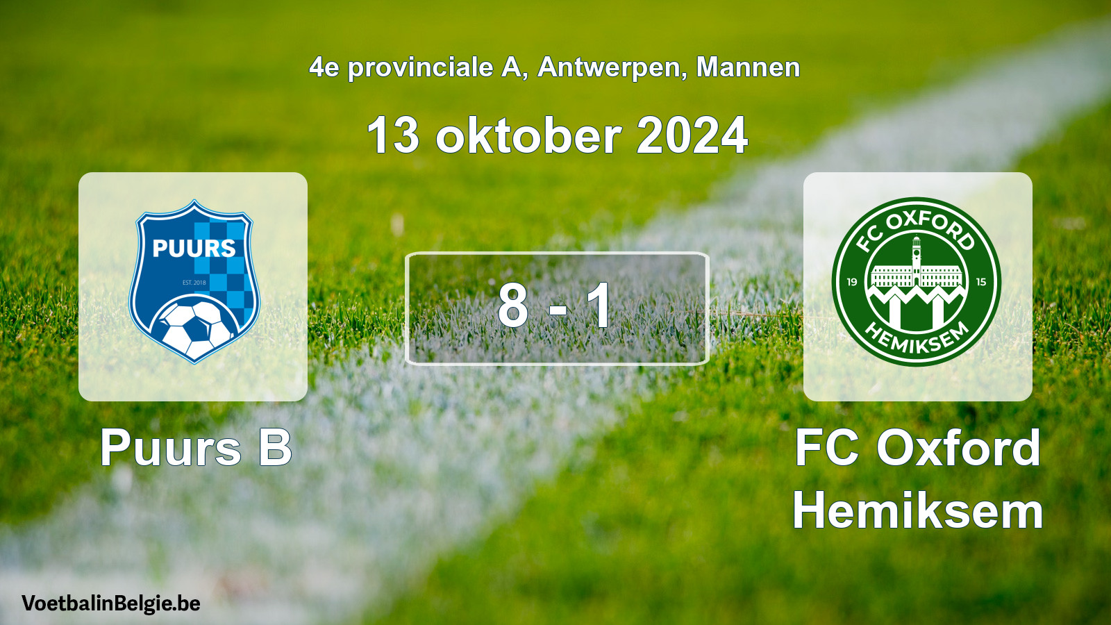 Gespeelde wedstrijd mannenvoetbal: Puurs B - FC Oxford Hemiksem 8 - 1 (13 oktober 2024)