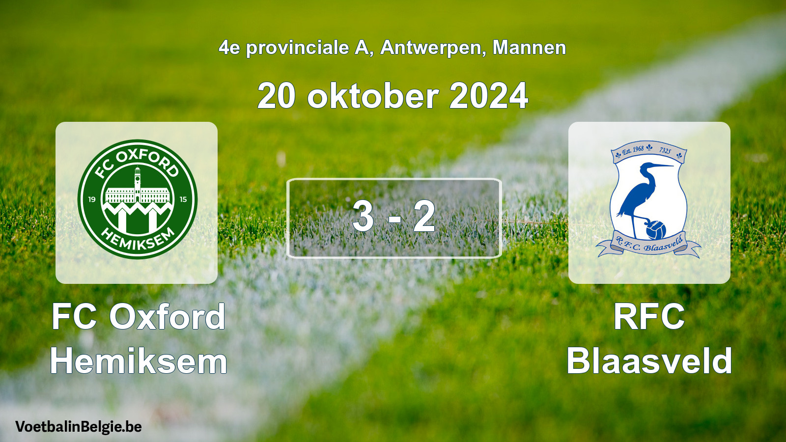 Gespeelde wedstrijd mannenvoetbal: FC Oxford Hemiksem - RFC Blaasveld 3 - 2 (20 oktober 2024)